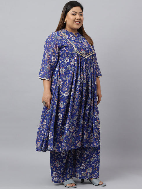 Plus Size Dark Blue Georgette Kurta With Palazzo and Dupatta